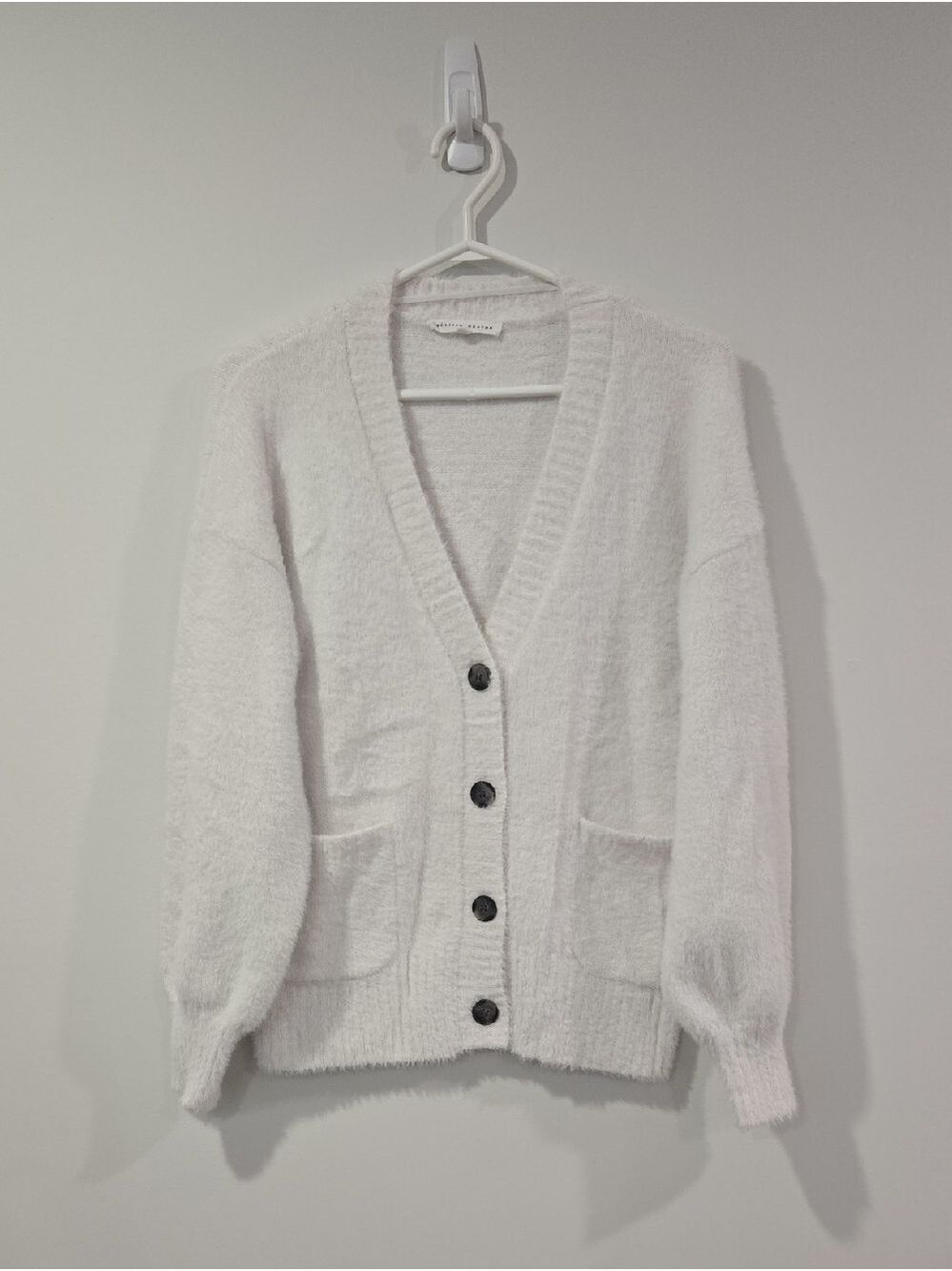 MELISSA NEPTON White Button-Front V-Neck Fuzzy Neutral Cardigan - Picture 2 of 10